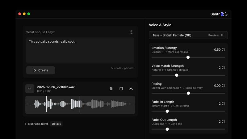 Bantr: Offline & Unlimited TTS for Mac application interface and features