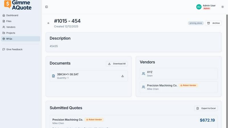 Gimme-A-Quote application interface and features