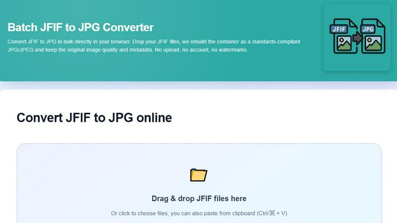 JFIF to JPG Converter application interface and features