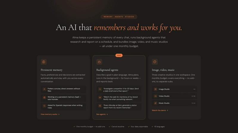 Alma by Olivares AI application interface and features