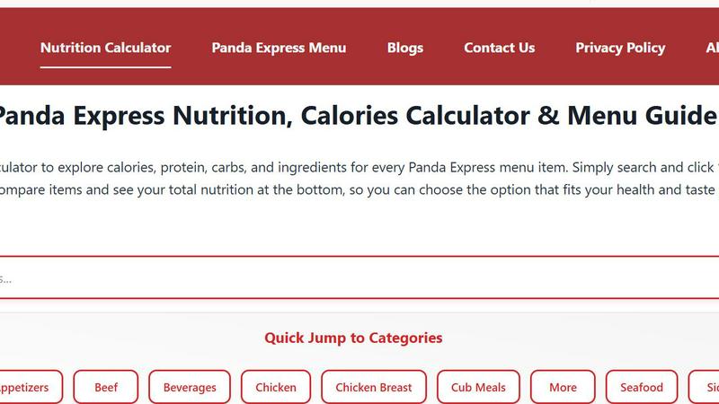 Panda Express NUtrition Calculator application interface and features