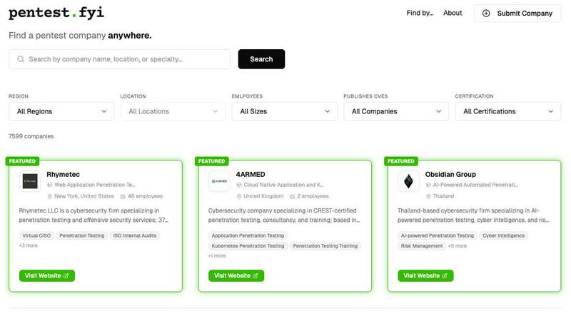 Pentest.fyi application interface and features