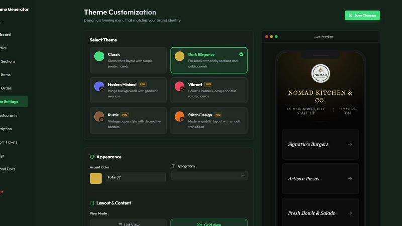 QR Menu Generator application interface and features