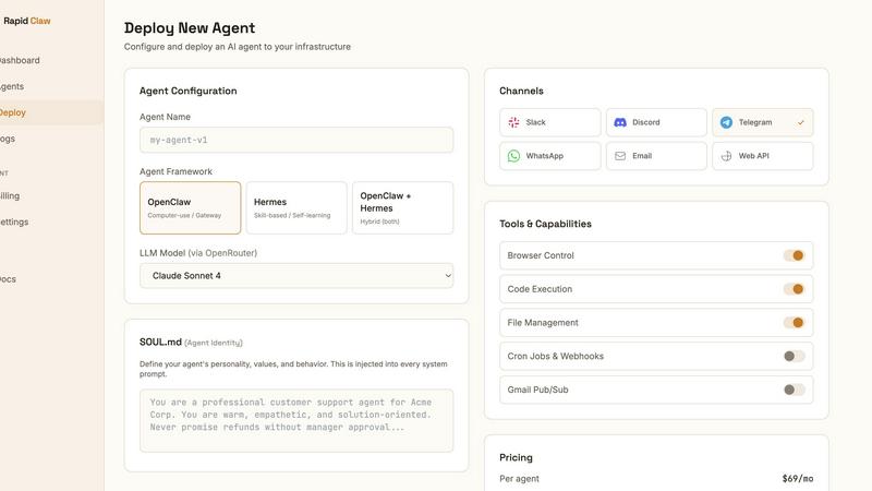 Rapidclaw application interface and features