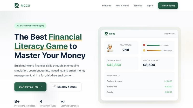 Ricco - Financial Literacy Game application interface and features