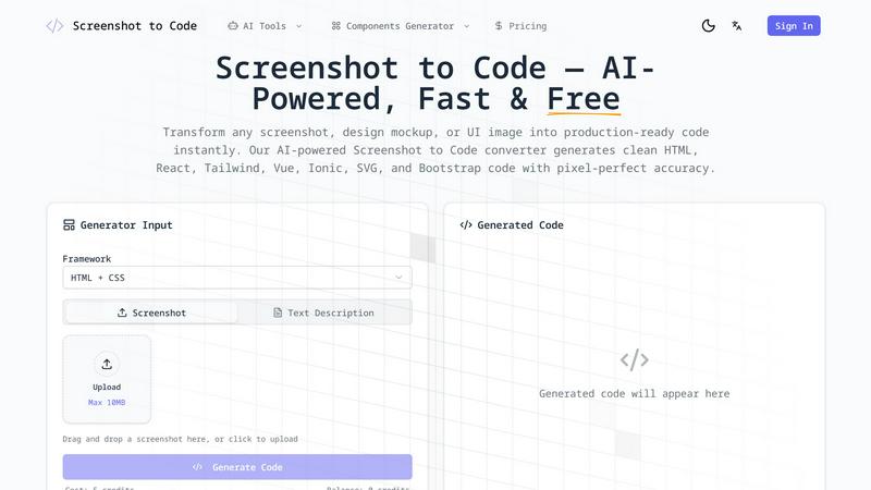 Screenshot to Code application interface and features