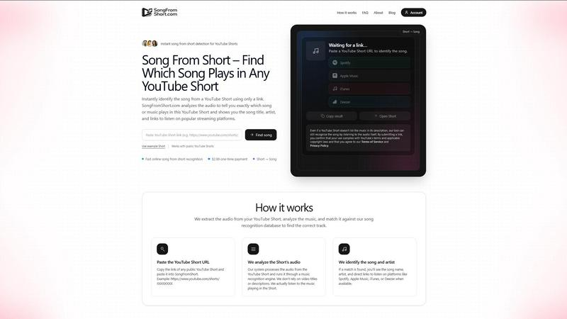 Song From Short – Find Which Song Plays in Any YouTube Short application interface and features