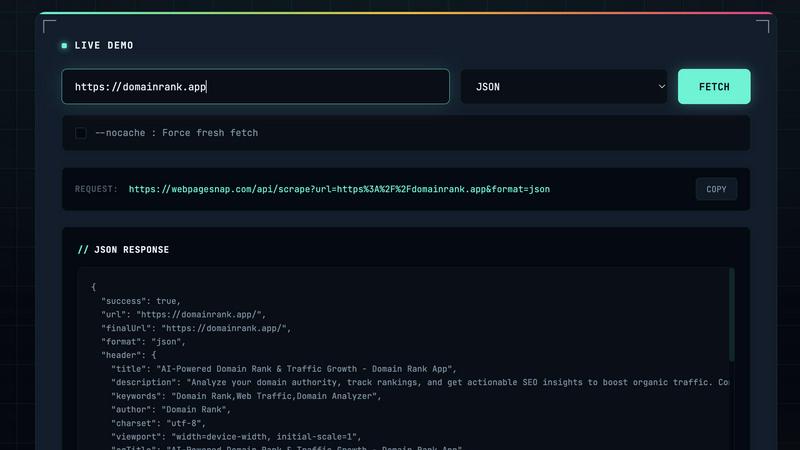 WebPageSnap - Professional Web Scraper API application interface and features