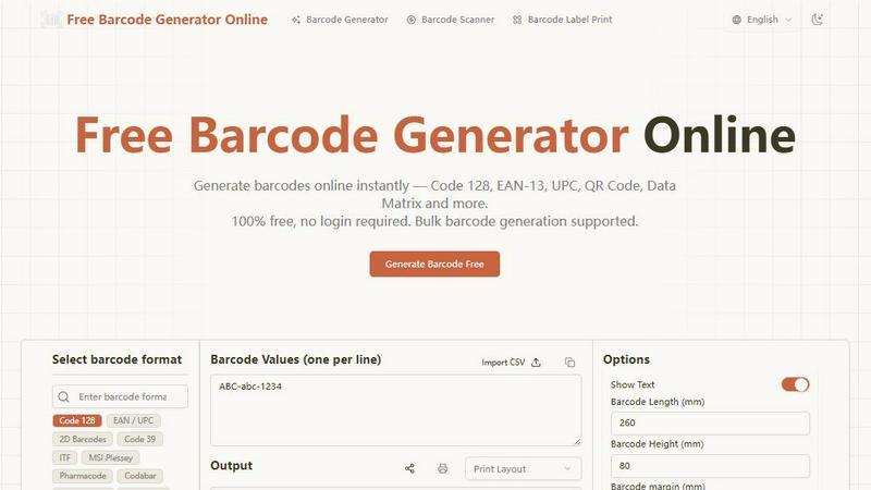 Free Barcode Generator Online — Code 128, EAN-13, QR Code & More application interface and features