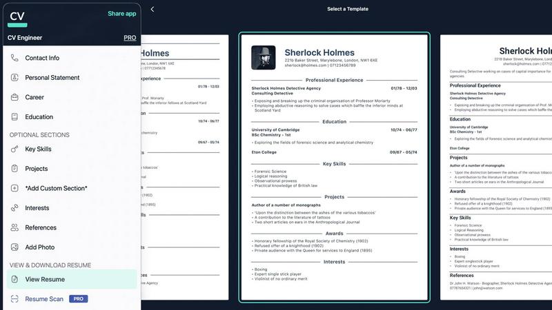 CV Engineer application interface and features