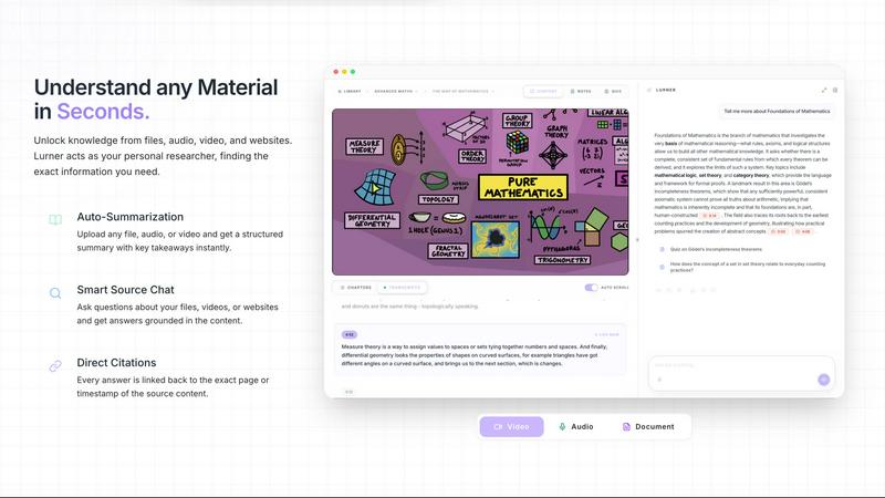 Lurner application interface and features