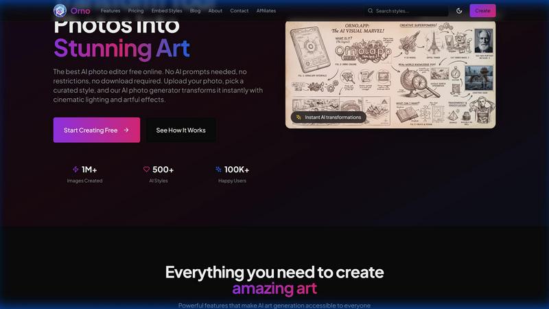 Orno — AI Image Editor & Prompt Library application interface and features
