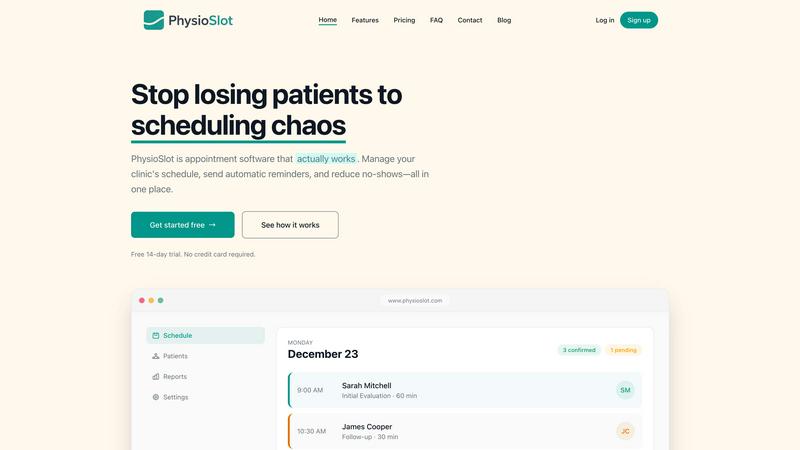 PhysioSlot application interface and features