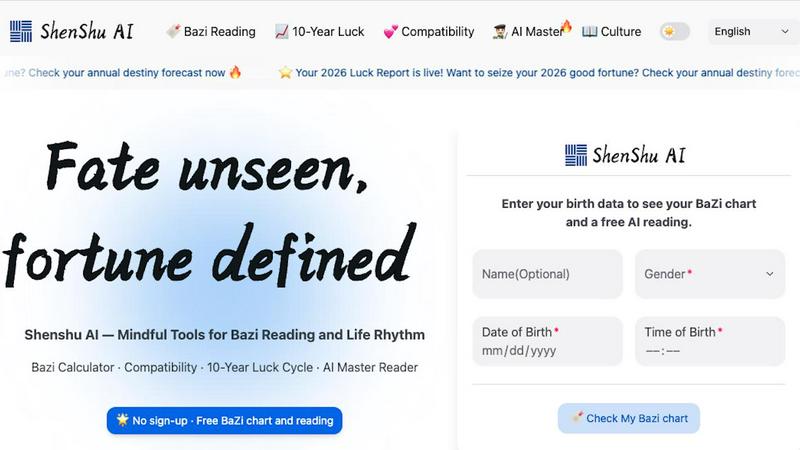 Shenshu AI | BaZi Calculator, Compatibility & Destiny Reading application interface and features