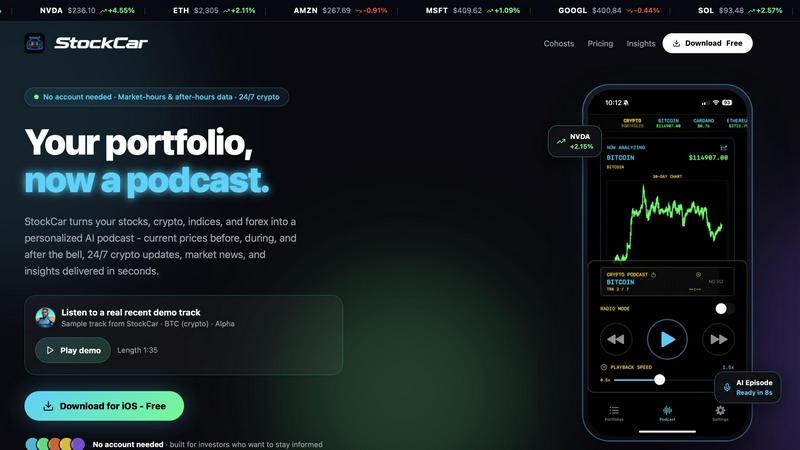 StockCar: Podcast My Portfolio application interface and features