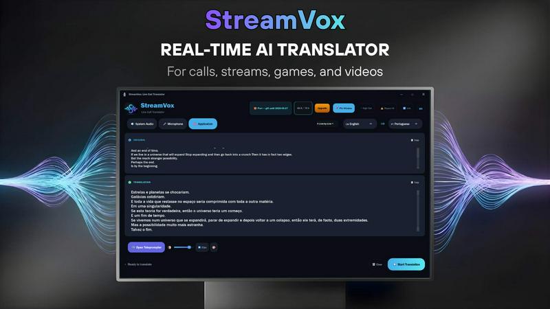 StreamVox - AI Live Translator application interface and features