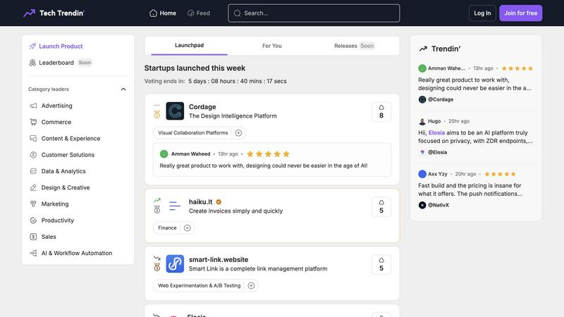 TechTrendin application interface and features