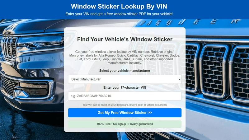 Window Sticker Lookup By VIN application interface and features