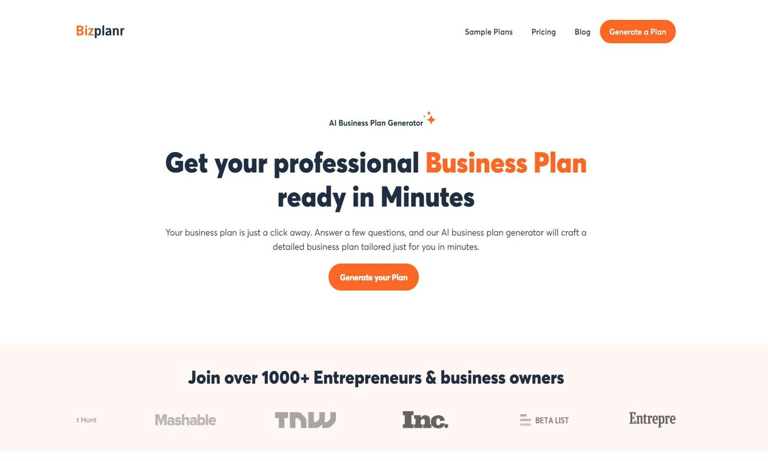 AI business plan generator by Bizplanr Website