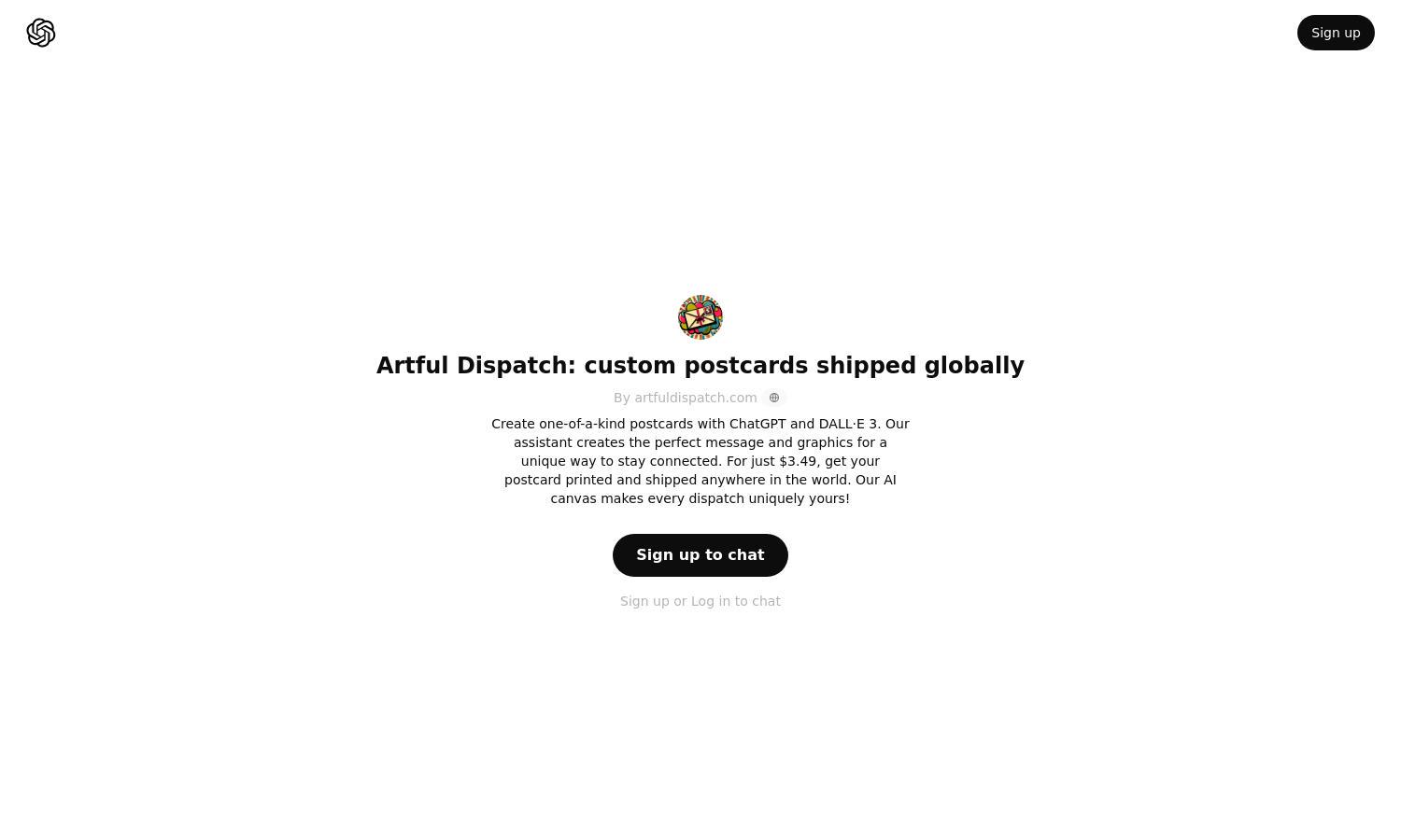 ChatGPT - Artful Dispatch: custom postcards shipped globally Website